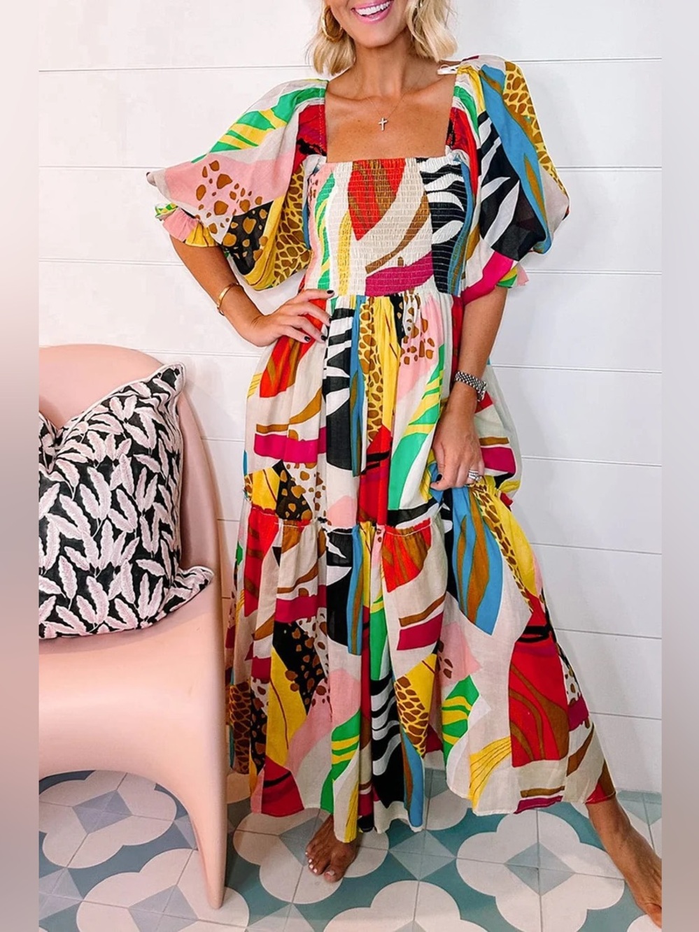 New Without Tags Fate The Label Abstract Midi Dress Smocked Bust 100% Cotton $86